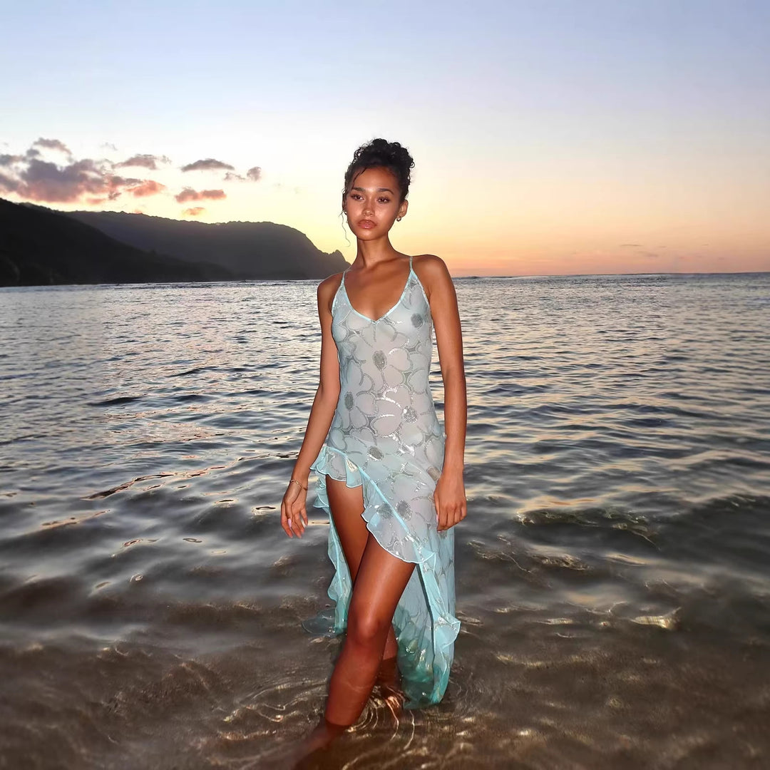 Damen Strandkleid mit transparentem Finish und asymmetrischem Saum Echo Archiv