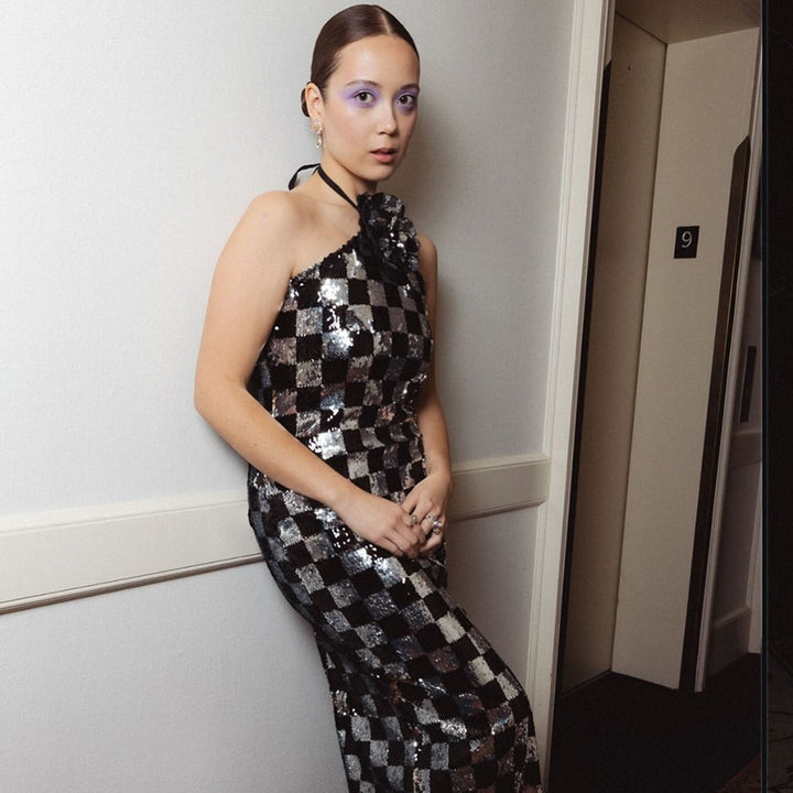 Damen Figurbetontes Schachmuster-Maxikleid mit glitzernden Pailletten Echo Archiv