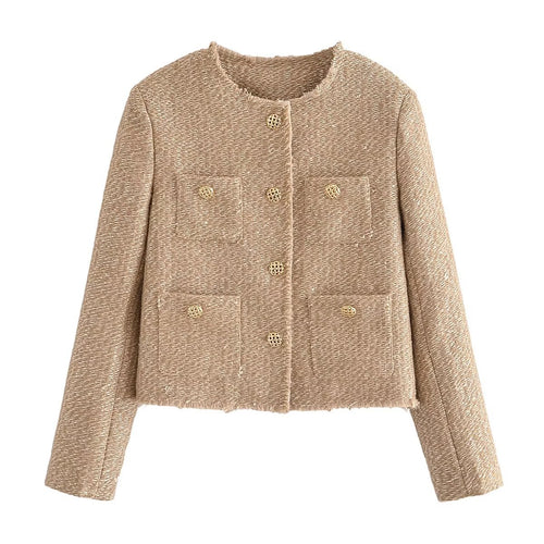 Damen Bouclé-Cropped-Jacke ohne Kragen mit Zierknöpfen und aufgesetzten Taschen Echoarchiv
