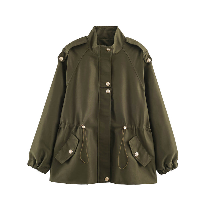 Damen Kurzjacke im Utility‑Stil mit Tunnelzug, Raglanärmeln und Metallknopfleiste Echoarchiv