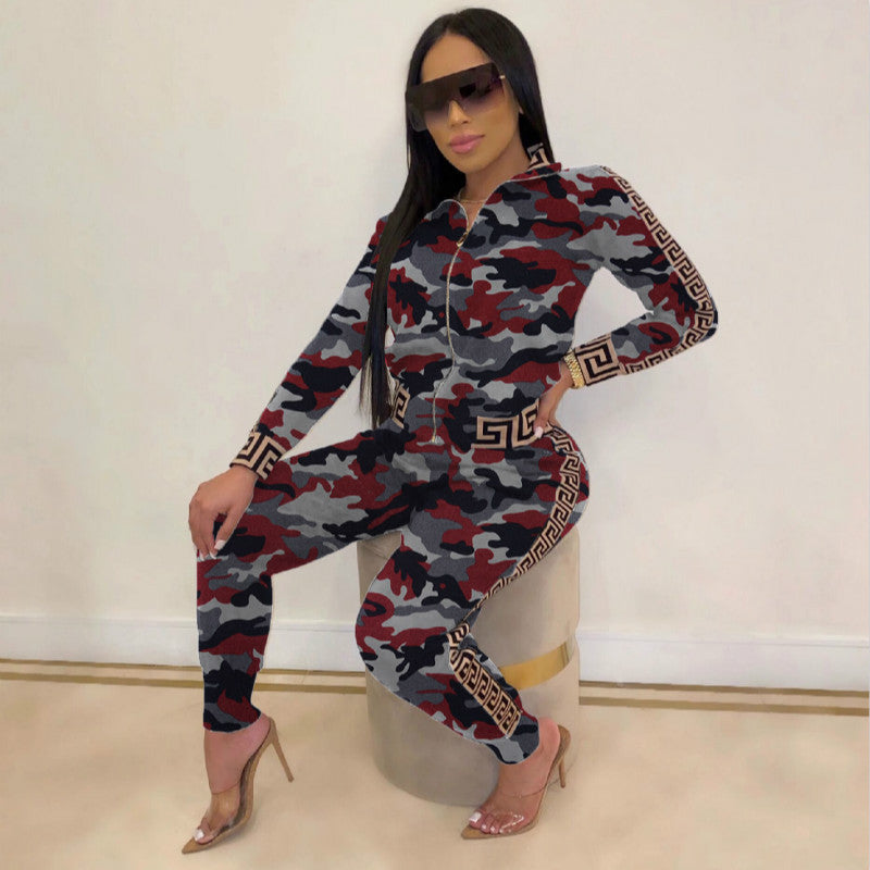Damen Figurbetonter Jumpsuit mit Reißverschluss, Leopardenmuster und Kontrastbordüre – Solévia