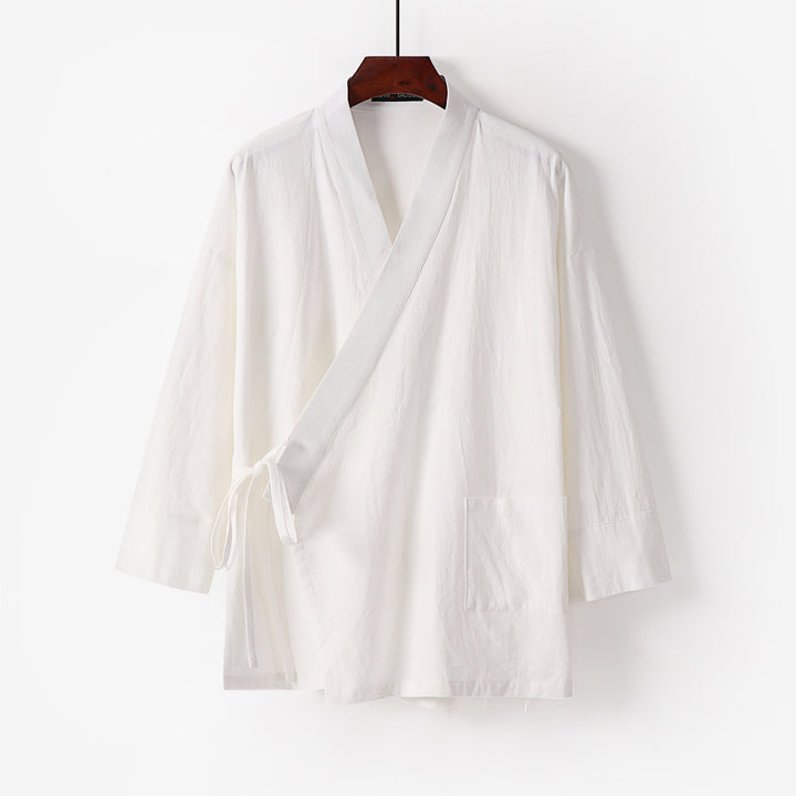 Damen Kimono-Cardigan aus Baumwoll-Leinen mit dreiviertelärmeln Bindegürtel und aufgesetzten Taschen Echoarchiv