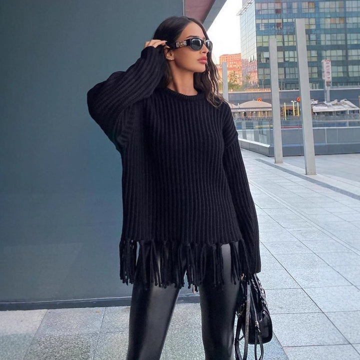 Damen lässiger Rippstrick-Pullover mit Fransen-Saum und Oversize-Silhouette – Mavelle
