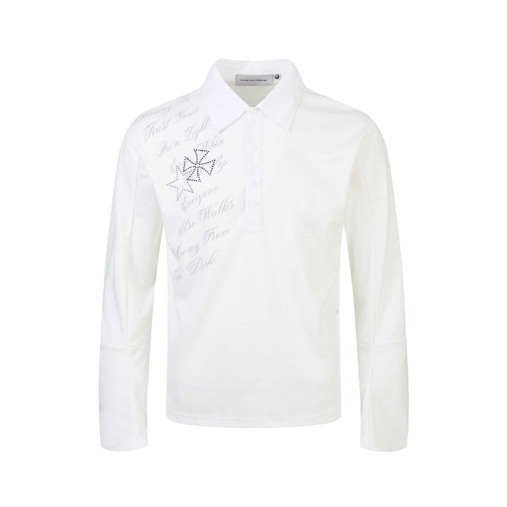 Damen Poloshirt-Langarmshirt mit Hemdkragen, Schriftprint und Strass-Applikation Echoarchiv