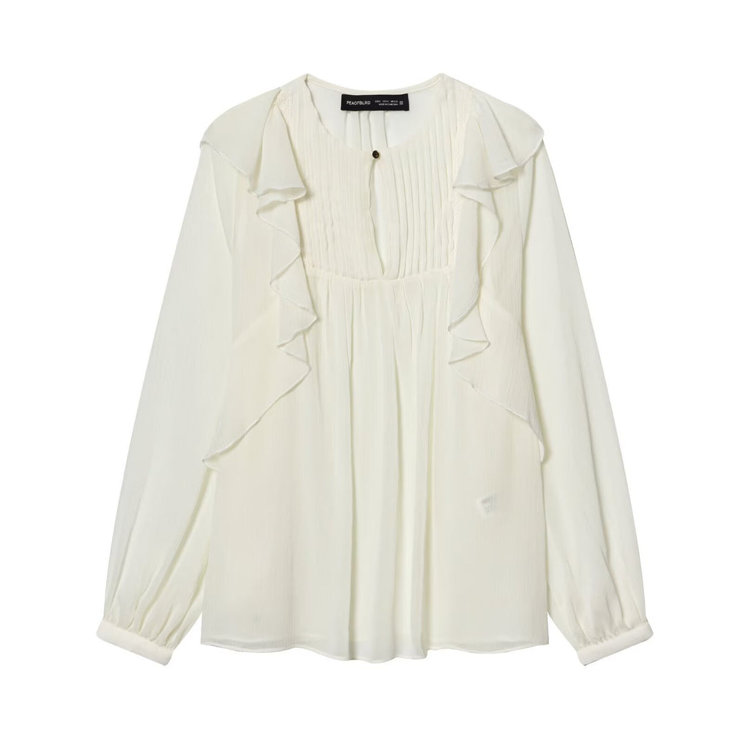 Damen Chiffonbluse mit Rüschen-Detail und plissierter Brustpartie Echoarchiv