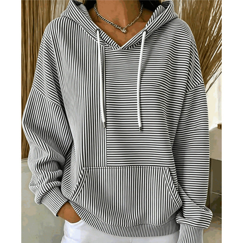 Damen Oversize Kapuzenpullover mit feinem Streifenprint, Kängurutasche und V-Ausschnitt-Kapuze – Auréline