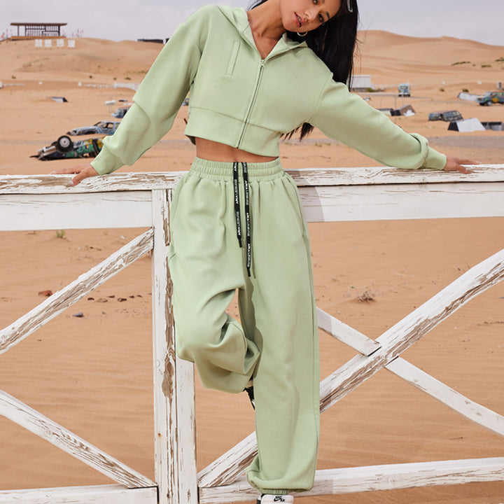 Damen Zweiteiliges Cropped Reißverschluss-Hoodie mit elastischer High-Waist Jogginghose – Auréline