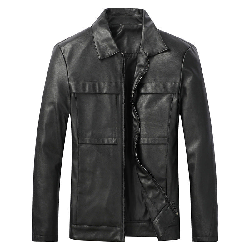 Herren Slim‑Fit Lederoptik-Truckerjacke mit Hemdkragen, verdecktem Reißverschluss und Pattentaschen Echoarchiv