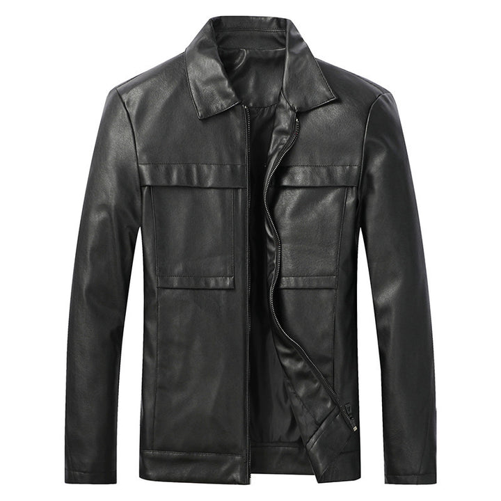 Herren Slim‑Fit Lederoptik-Truckerjacke mit Hemdkragen, verdecktem Reißverschluss und Pattentaschen Echoarchiv