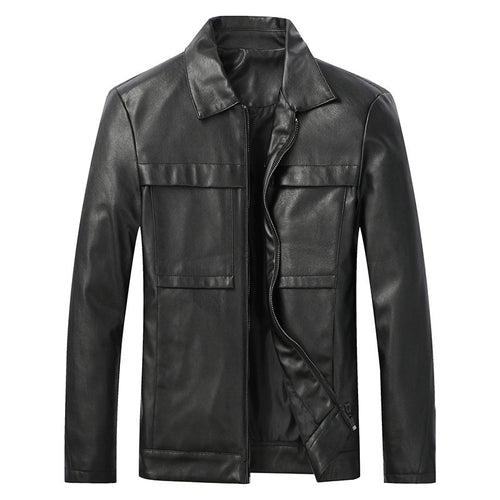 Herren Slim‑Fit Lederoptik-Truckerjacke mit Hemdkragen, verdecktem Reißverschluss und Pattentaschen Echoarchiv