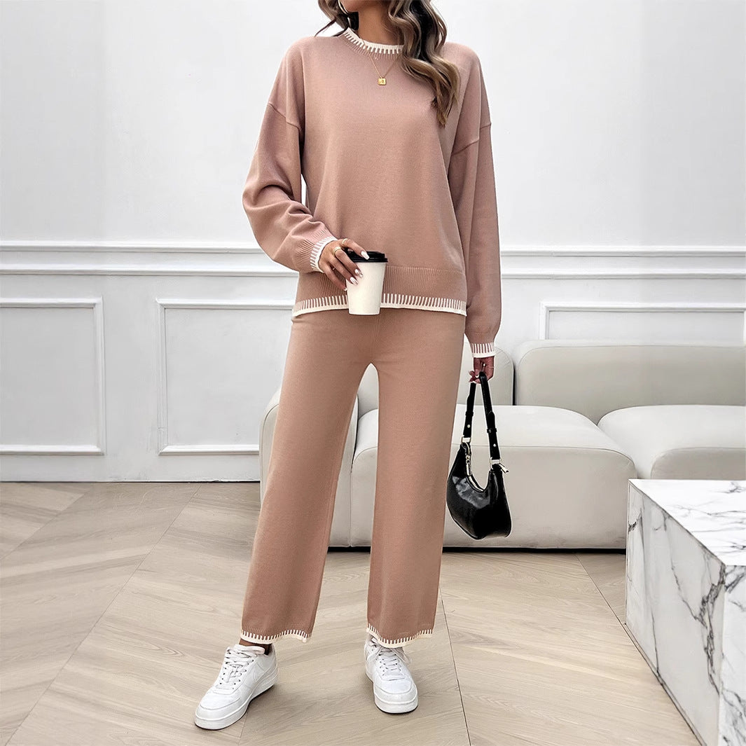 Damen Lounge-Zweiteiler aus feinem Feinstrick mit kontrastierten Bündchen und geradem Bein – Élanora