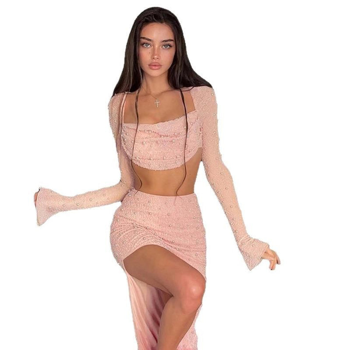 Damen Elegantes Crop-Top mit langen, transparenten Ärmeln und funkelnden Akzenten Echo Archiv