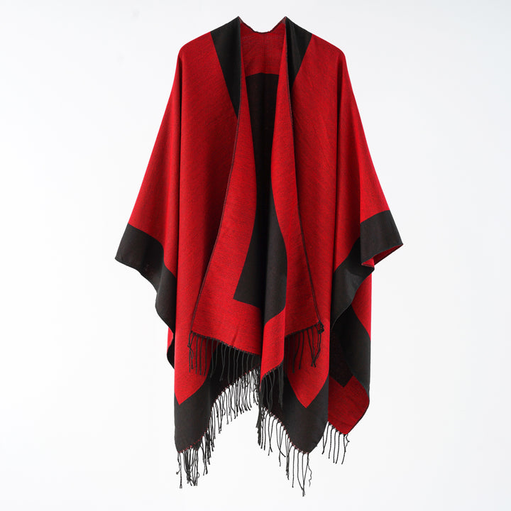 Damen Oversize-wendbarer Capeponcho aus Wollmix mit Fransen Echo Archiv