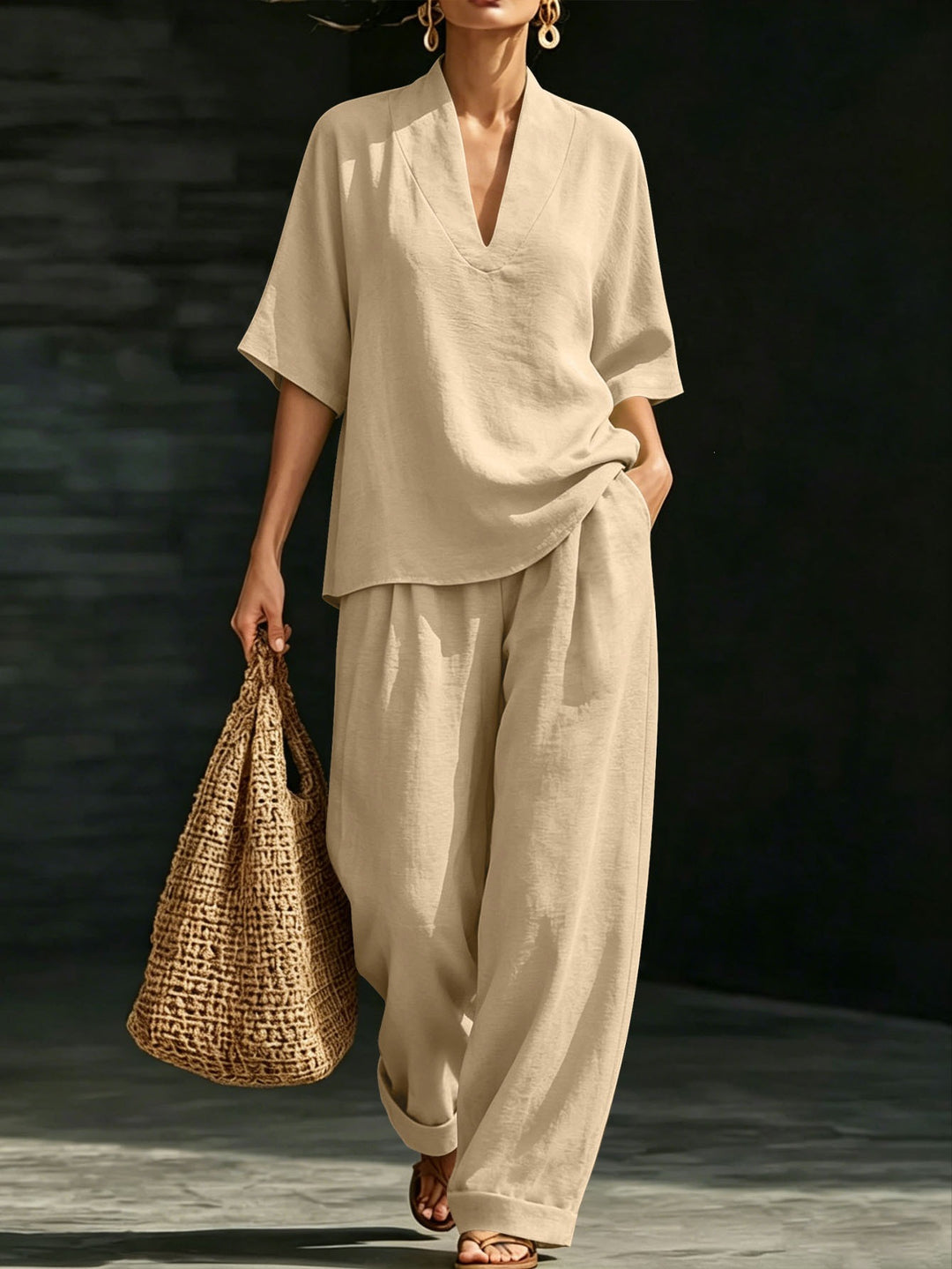 Damen Leichtes Oversize V-Ausschnitt Tunika‑Top mit Kimonoärmeln Echoarchiv