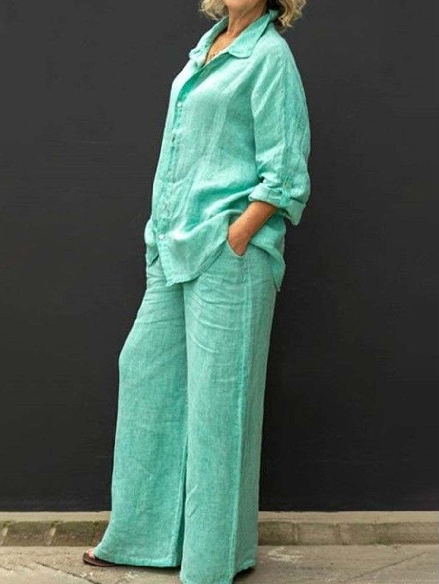 Damen Entspanntes Leinen-Set mit Oversize-Hemd und weiter Palazzo-Hose Echo Archiv