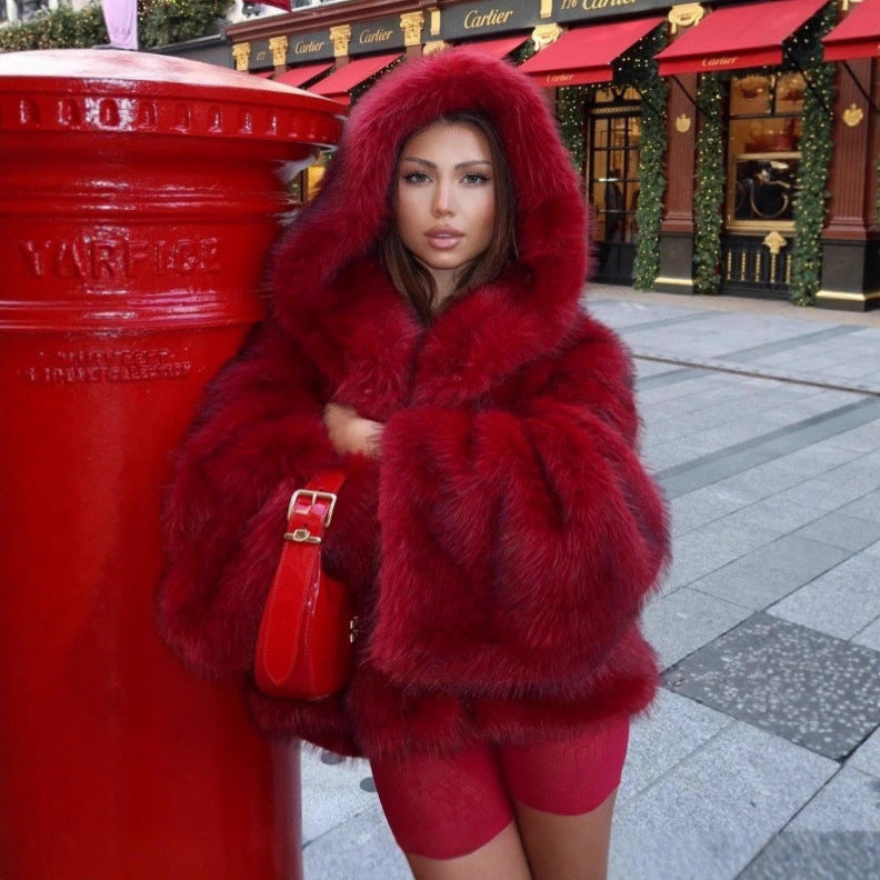 Damen Kapuzenkunstpelzjacke mit voluminöser Shaggy‑Silhouette Echo Archiv