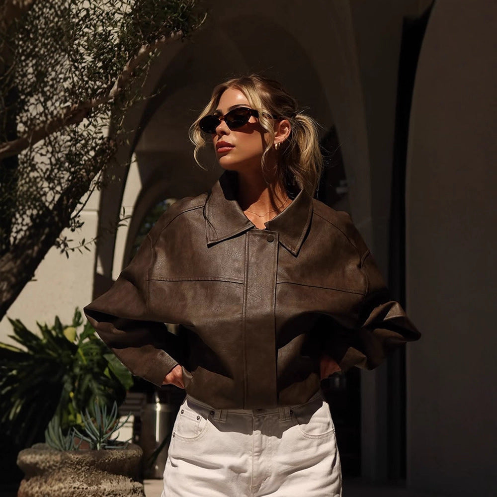 Damen Boxy Cropped Lederimitat‑Blouson mit Oversize‑Schulter Echoarchiv