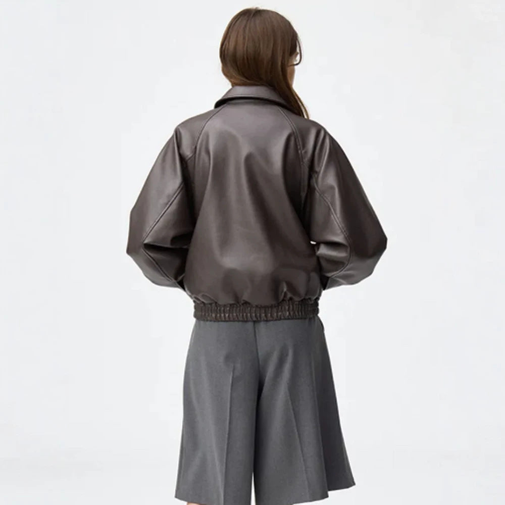 Damen Boxy-Cropped Kunstlederjacke mit verdecktem Reißverschluss und elastischem Saum Echoarchiv