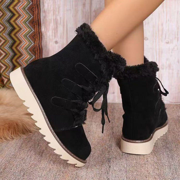 Damen gefütterte Schnürstiefelette mit Kunstfellkragen, elastischen Schlaufendetails und gezahnter Profilsohle – Lioré