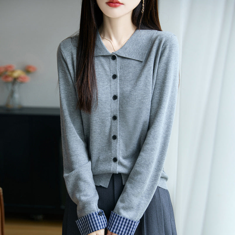 Damen Leichter Feinstrick-Cardigan mit breitem Hemdkragen und Frontknopfleiste Echoarchiv