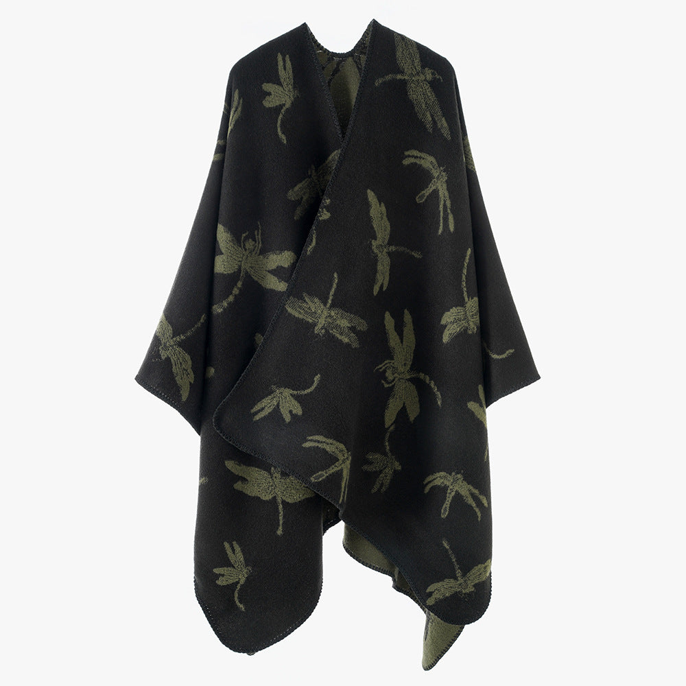 Damen Reversibler Cape-Poncho mit Libellen-Jacquard und feinem Saum – Célinea