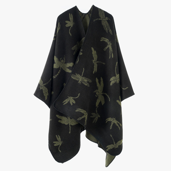 Damen Reversibler Cape-Poncho mit Libellen-Jacquard und feinem Saum – Célinea