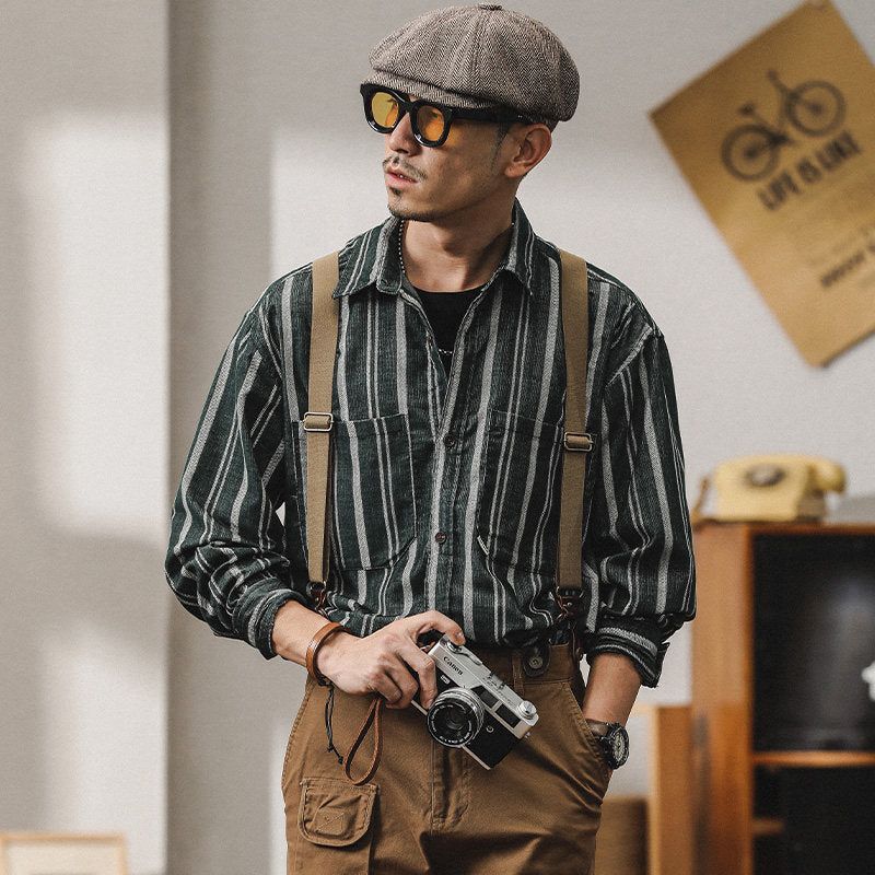 Herren Gestreiftes Overshirt-Hemd aus Baumwoll-Leinen mit Brusttaschen Echoarchiv