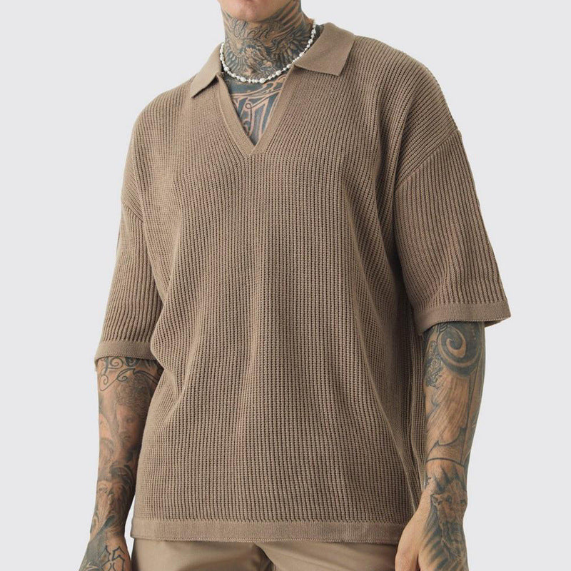 Herren lässiges Strick-T-Shirt mit V-Ausschnitt und kurzem Arm Echoarchiv