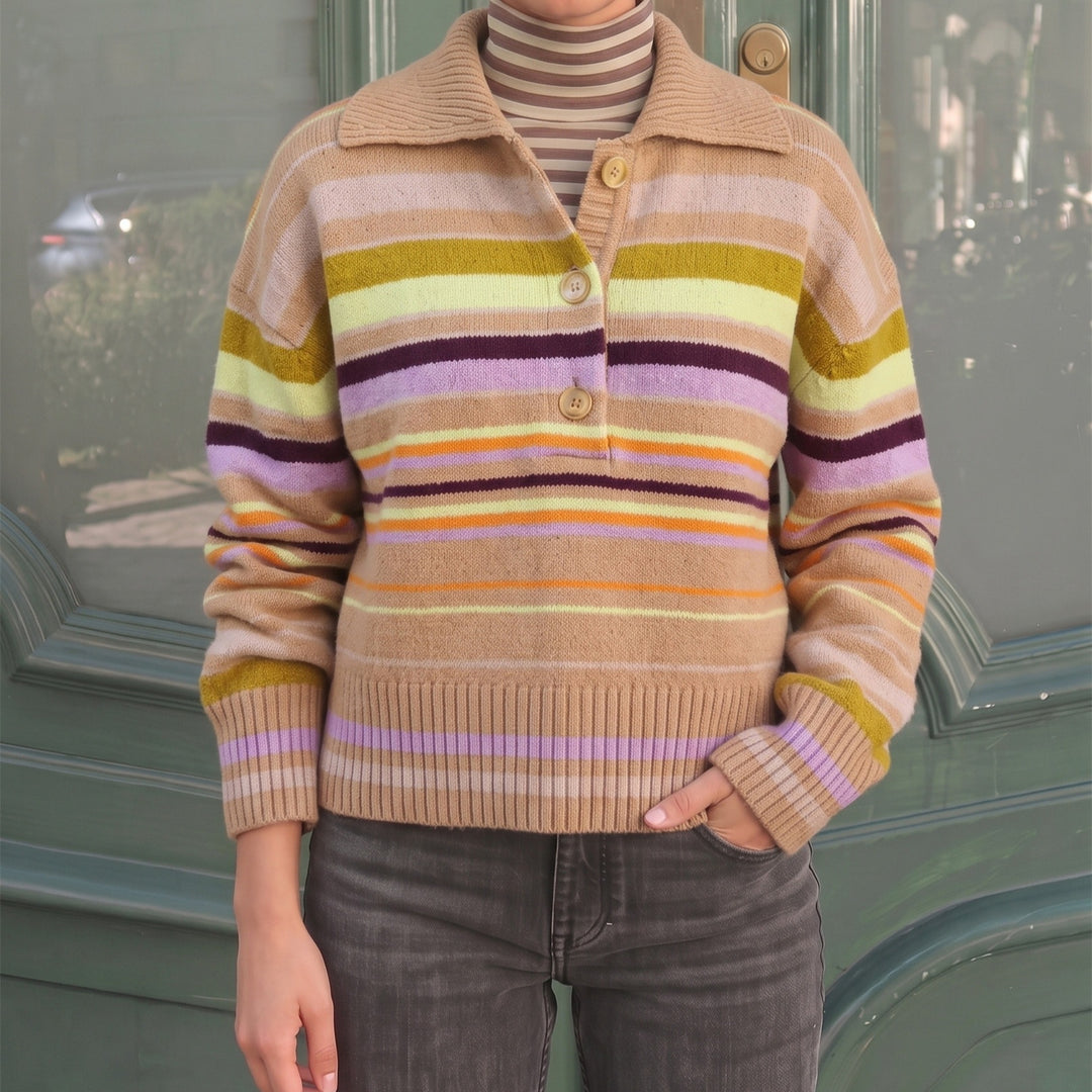 Damen Gestreifter Strickpullover mit Polokragen & Knopfleiste Echoarchiv