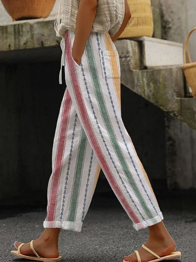 Damen Weite Leinenhose mit handgewebtem Muster Echoarchiv