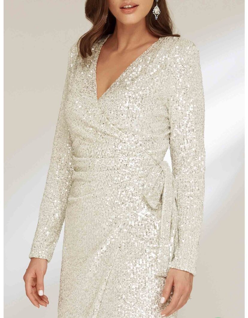 Damen Glamouröses Pailletten-Kleid mit Wickeloptik und langen Ärmeln Echo Archiv