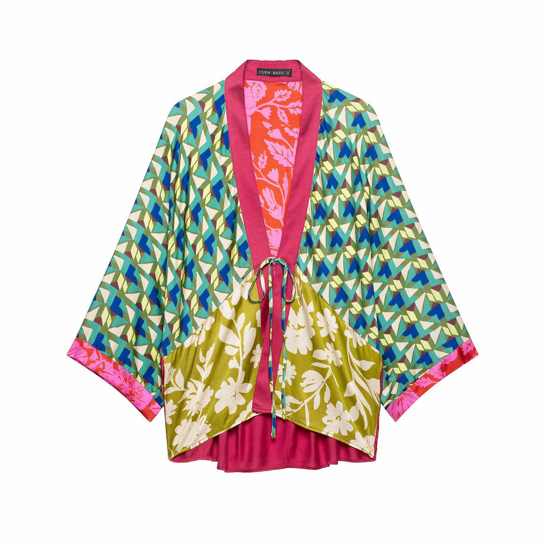 Damen Gemusterter Seiden-Kimono mit Bindegürtel und weitem Fledermausärmel Echo Archiv
