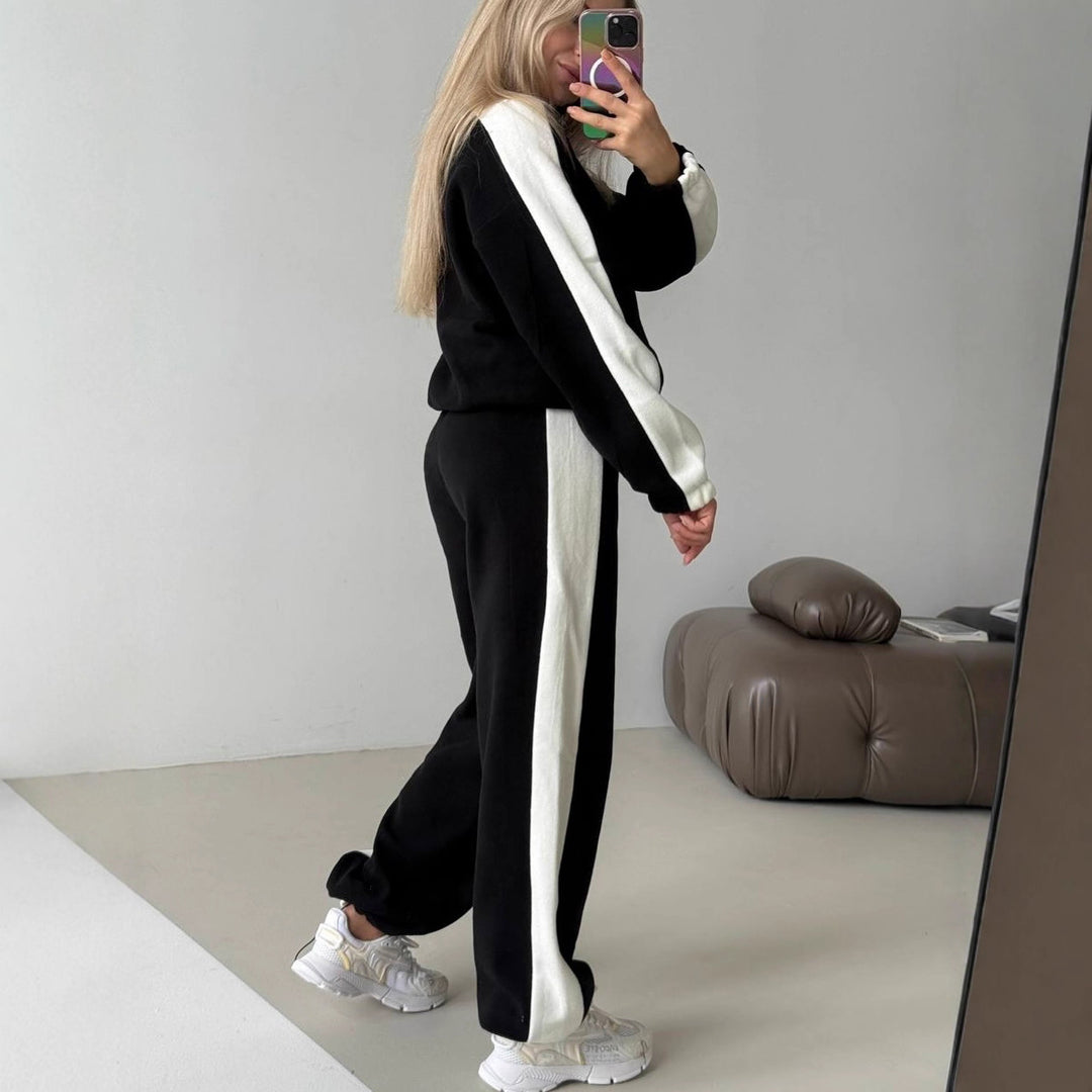 Damen sportlich-elegantes Fleece-Trainingsset mit kurzem Stehkragen-Zip, elastischem Bund und seitlichen Kontrastbahnen – Avérine