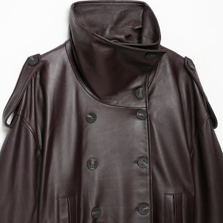 Damen Kurze Leder-Trenchcoat-Jacke mit hohem Stehkragen, doppelreihiger Knopfleiste und Taillengürtel Echoarchiv
