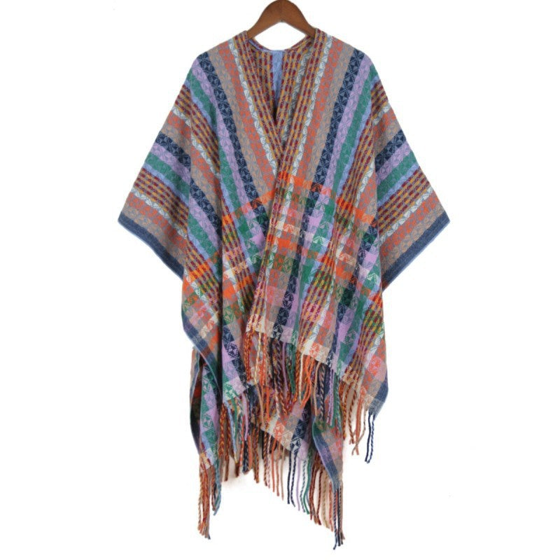 Damen Mehrfarbiger Web‑Poncho im Boho‑Patchwork‑Design mit Fransen Echo Archiv