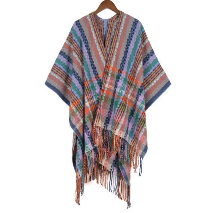 Damen Mehrfarbiger Web‑Poncho im Boho‑Patchwork‑Design mit Fransen Echo Archiv