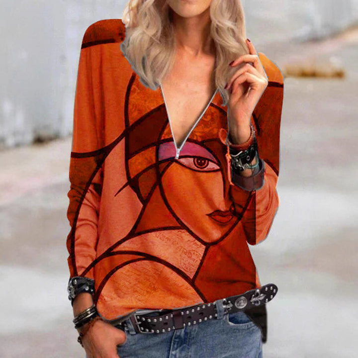 Damen V-Ausschnitt Langarmshirt mit abstraktem kubistischen Druck und Reißverschluss – Avérine