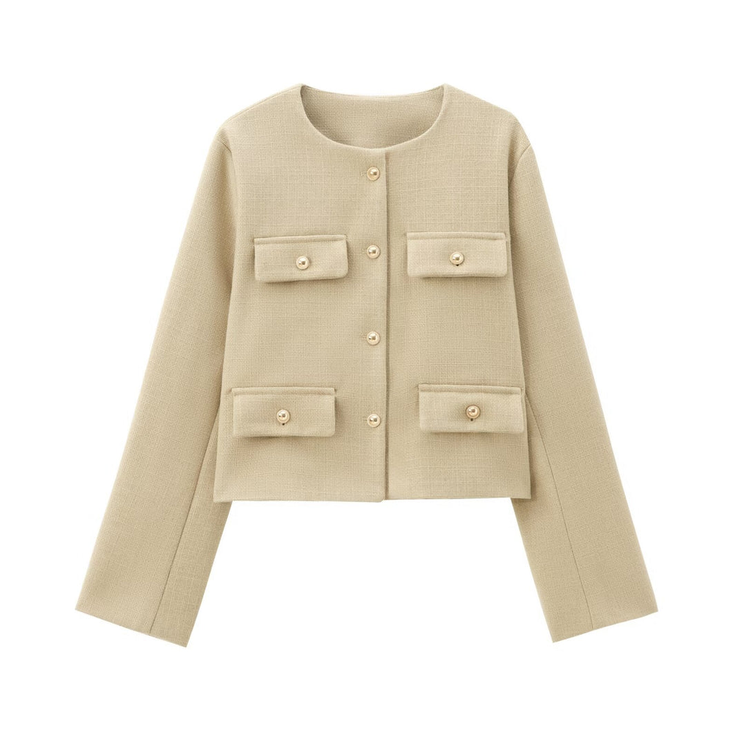 Damen Bouclé-Cropped-Jacke mit vier Pattentaschen und goldenen Schmuckknöpfen Echo Archiv