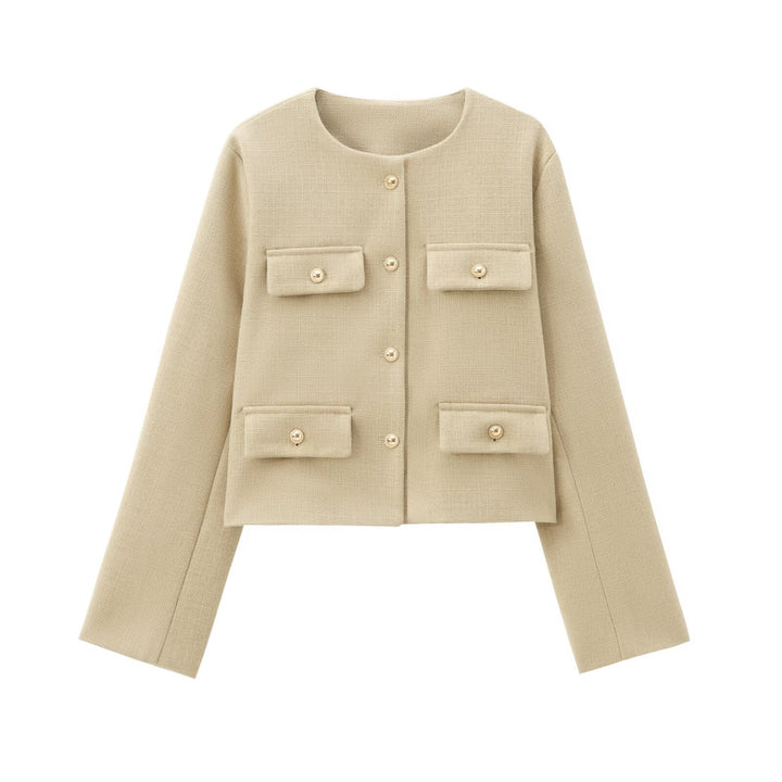 Damen Bouclé-Cropped-Jacke mit vier Pattentaschen und goldenen Schmuckknöpfen Echo Archiv