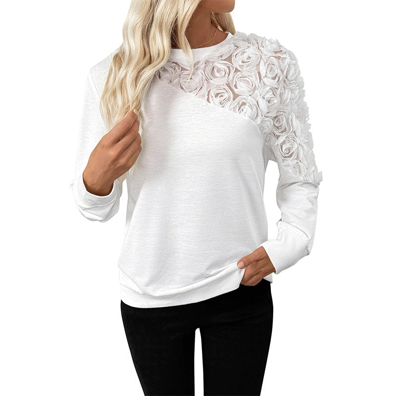 Damen Sweatshirt mit 3D-Rosenapplikation und transparentem Einsatz Echoarchiv