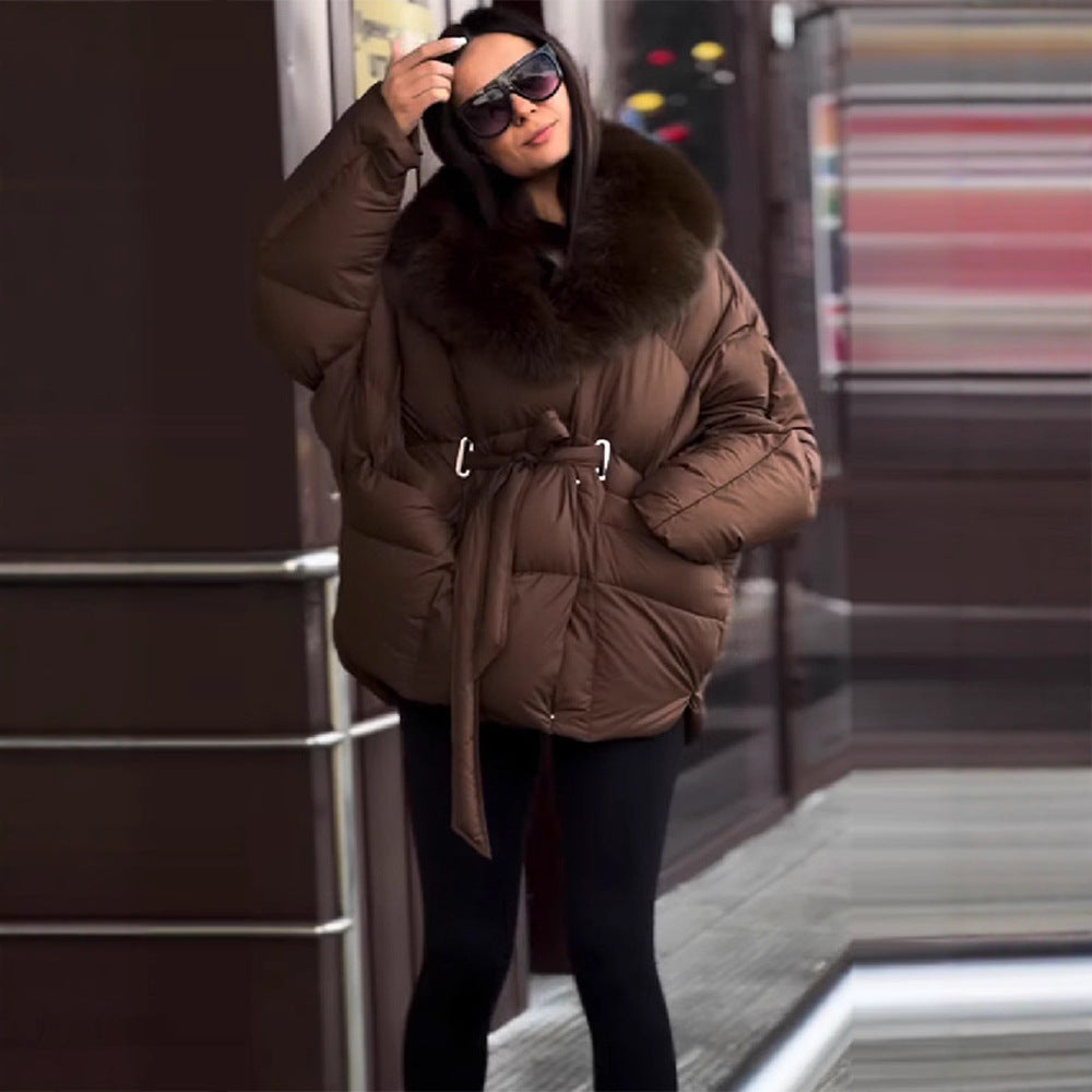 Damen Oversize Steppjacke mit Taillengürtel und Kunstfellkragen Echo Archiv