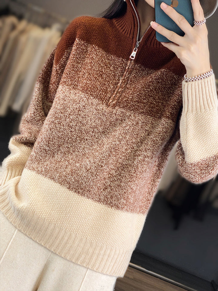 Damen Oversize-Strickpullover mit halbem Zip, meliertem Blockstreifen und weichem Flor Echoarchiv