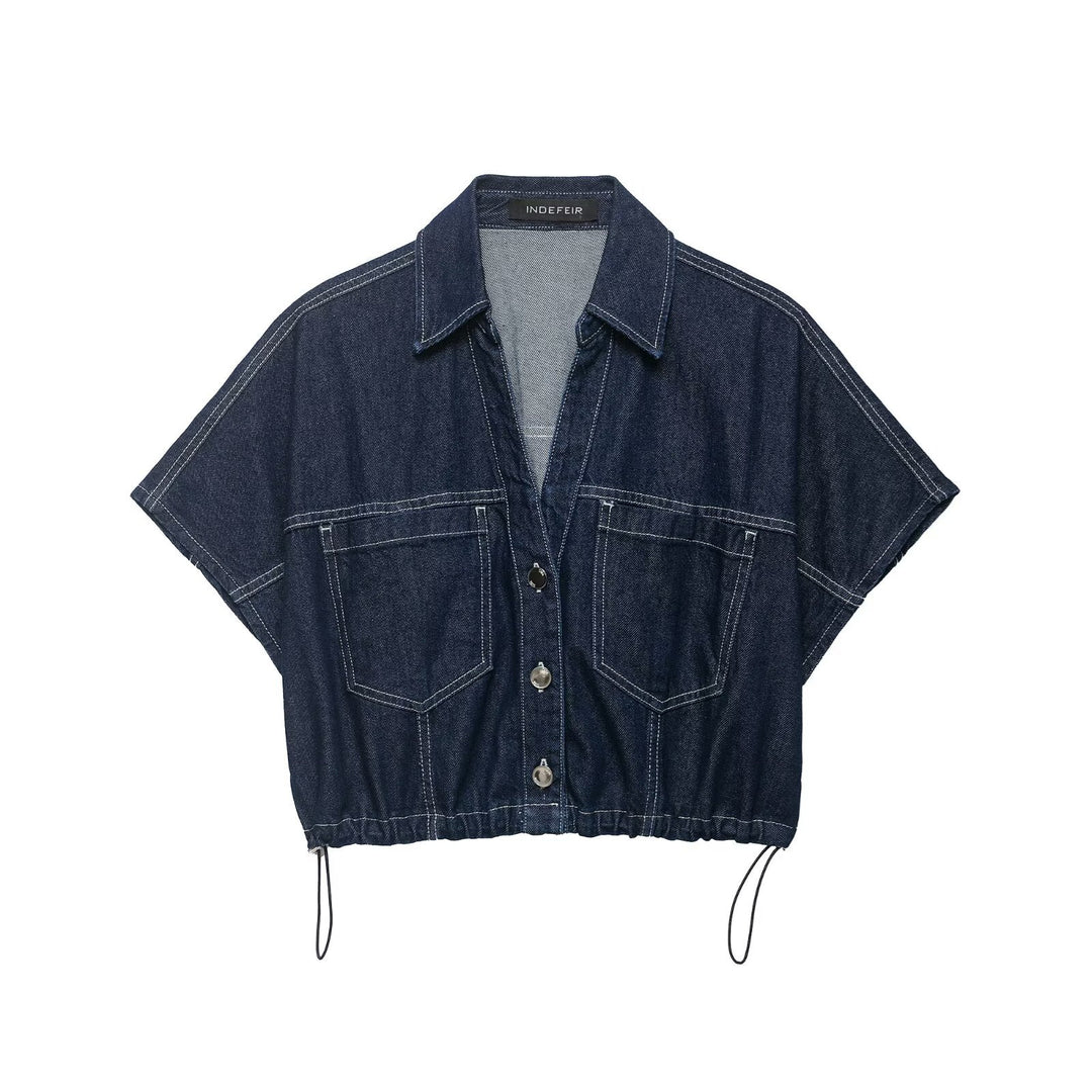 Damen Oversize Denim-Bluse mit praktischen Taschen und elastischem Saum Echo Archiv