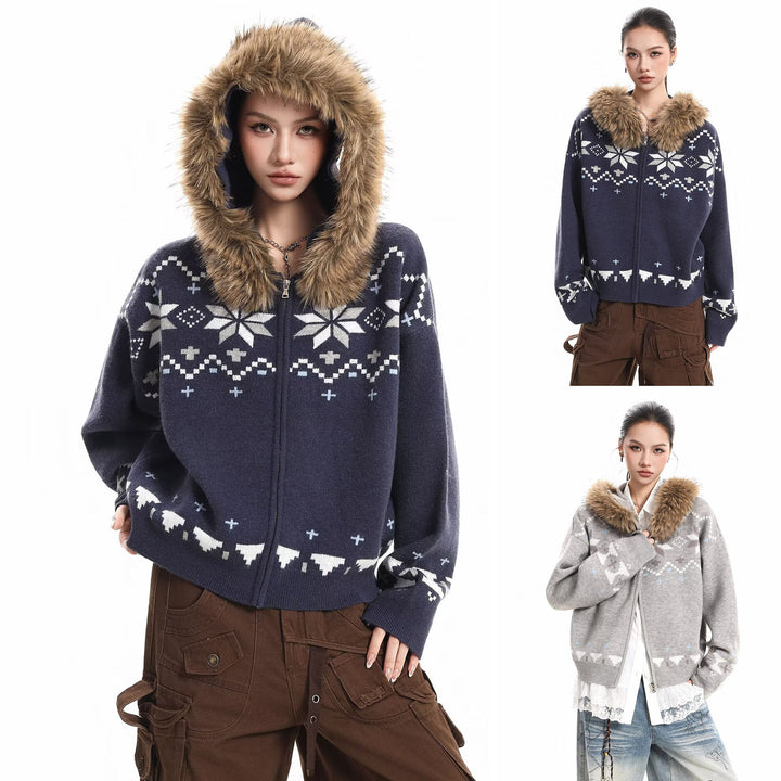 Damen Kapuzensweatjacke mit Kunstfell Kragen und Norweger-Muster Echoarchiv