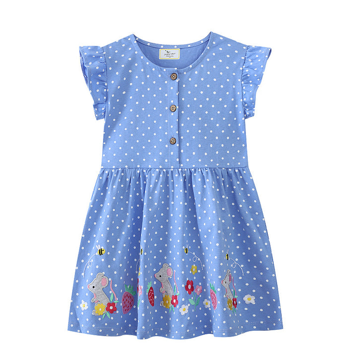 Mädchen Freizeitkleid mit niedlichen Mäuse- und Blumenstickereien Echo Archiv