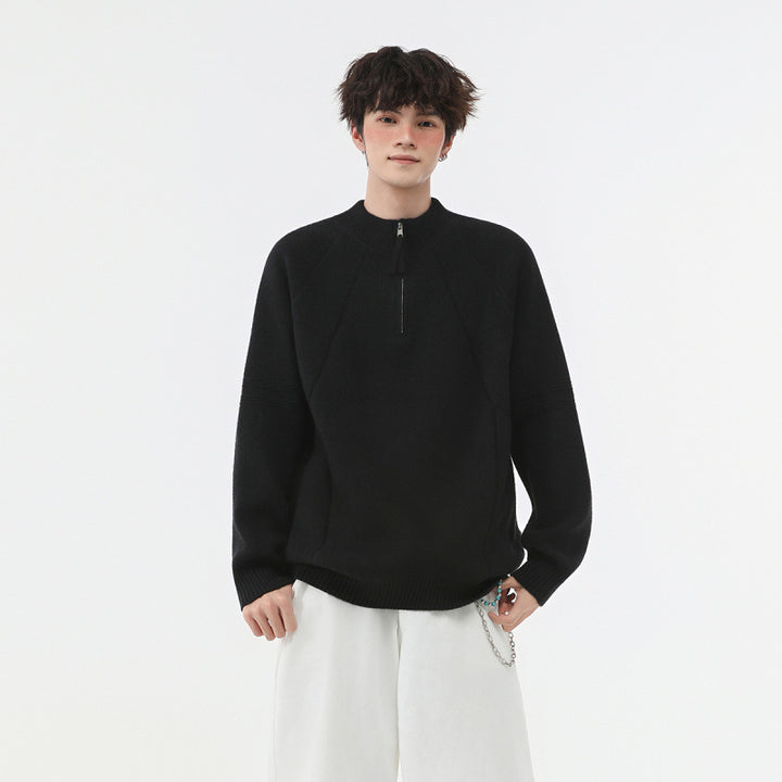 Herren Strick-Halbzip-Pullover mit Stehkragen und strukturierten Rippdetails Echoarchiv