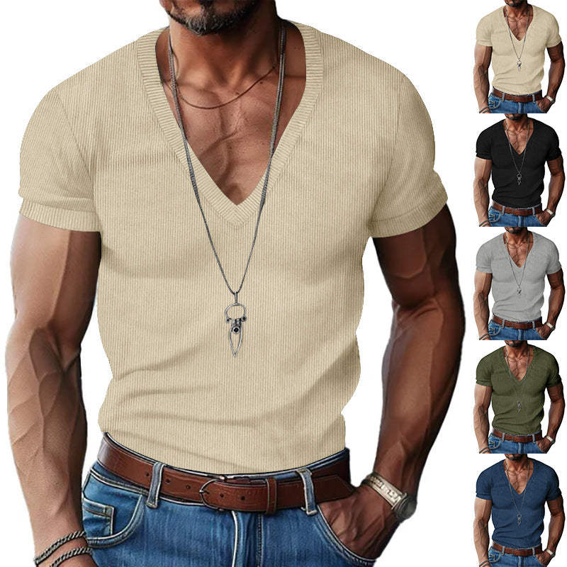 Herren nan strukturiertes V-Ausschnitt-Rippjersey-Shirt mit kurzem Arm und körpernaher Passform Echo Archiv