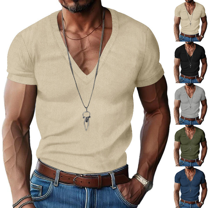 Herren nan strukturiertes V-Ausschnitt-Rippjersey-Shirt mit kurzem Arm und körpernaher Passform Echo Archiv