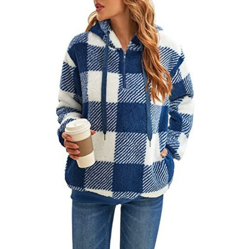 Damen Oversized Sherpa-Hoodie im Karomuster mit halbem Reißverschluss und Kängurutasche Echo Archiv