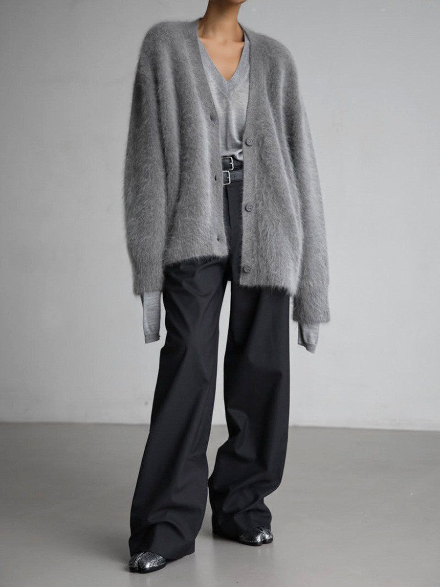 Damen Flauschige Mohair-Optik Strickjacke mit V-Ausschnitt und Oversize-Schnitt Echoarchiv
